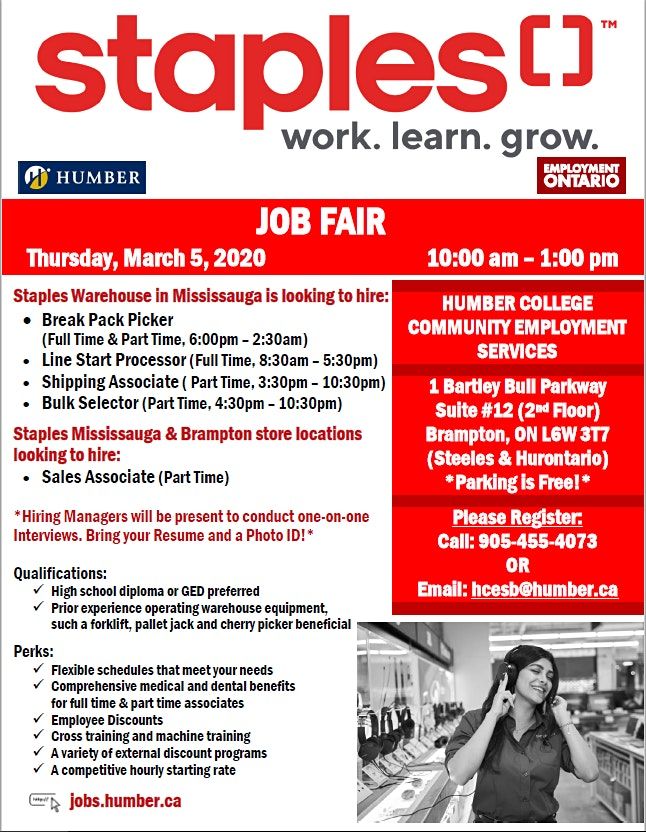 Staples Job Fair, 1 Bartley Bull Pkwy, Suite 12, Brampton, March 5