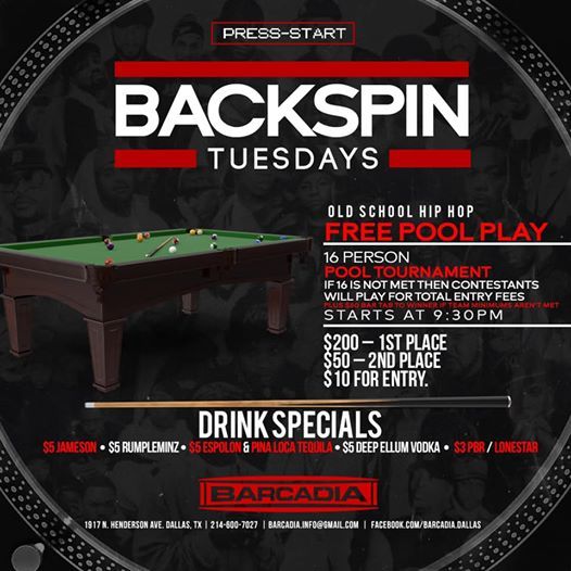 Backspin Tuesdays Free Pool Play Pool Tournament At Barcadia Dallas Dallas