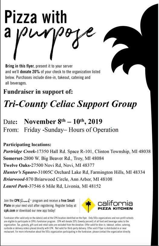 California Pizza Kitchen Fundraiser At Tri County Celiac Support