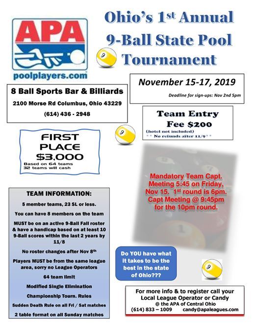 9Ball State Pool Tournament, 8 Ball Sports Bar & Billiards, Columbus